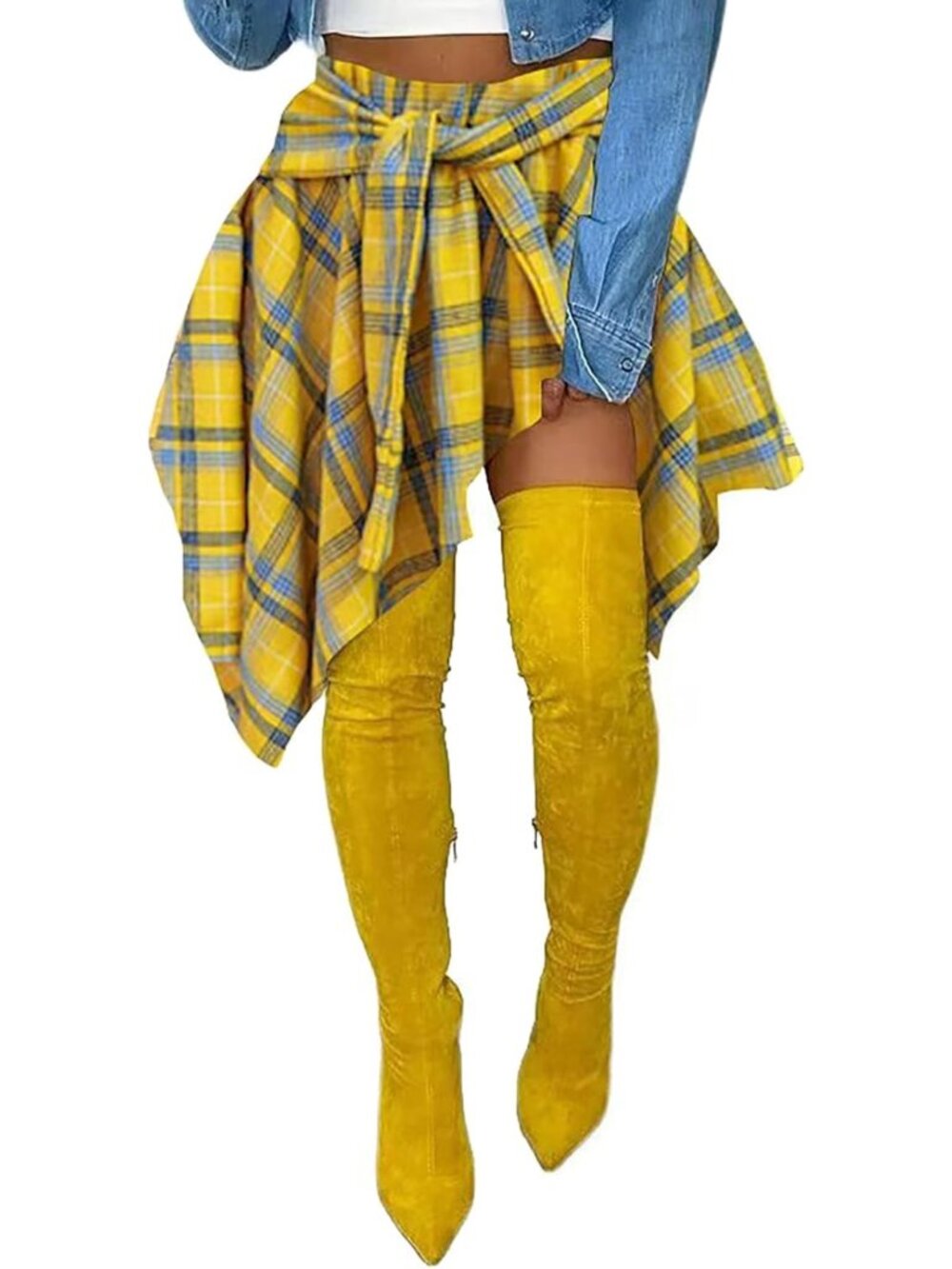 Women's Plaid Mini Skirt - High Waist, Elastic, Tie Front, Pleated Design